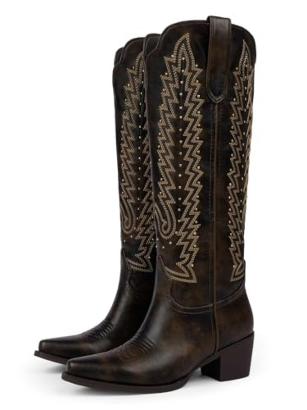 Women's Knee High Cowboy Boots, Studded Embroidered Cowgirl Boots